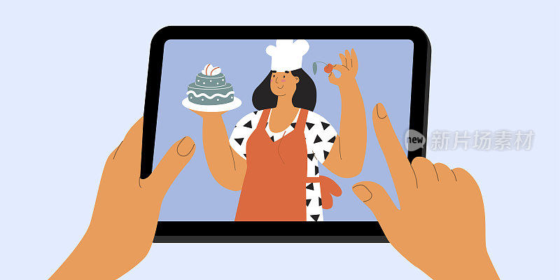 Gadget using concept. Woman showing baking recipe through phone screen. Communication,  internet talks, video conversation. Mobile online services. Cooking influencer, blogger. Vector illustration.